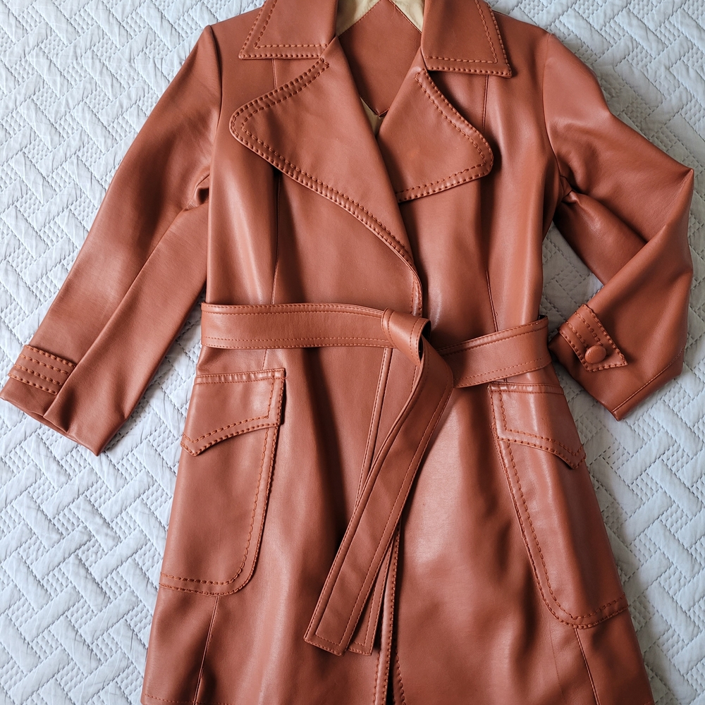 Women's Vintage Brown Faux Leather Trench Coat